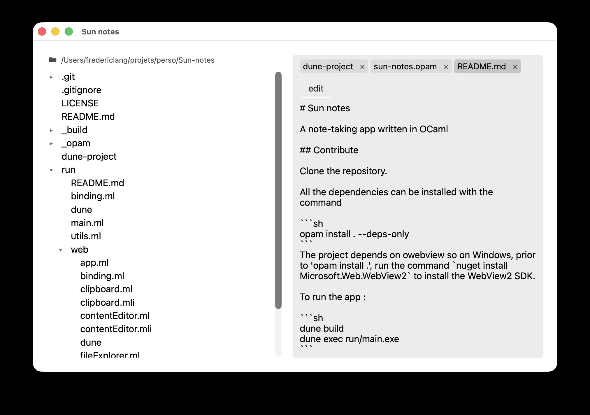 The two panes of Sun notes: the file tree on the left, the tabbed editor on the right